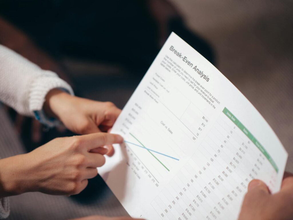 Graph illustrating fixed costs, variable costs, total costs, total revenue, and the break-even point for a startup business